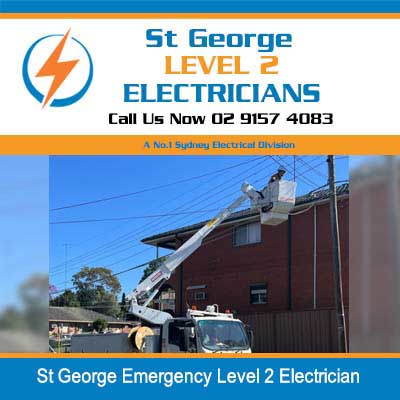 Emergency level 2 electrician using an elevated work platform (EWP) to repair overhead power lines in St George